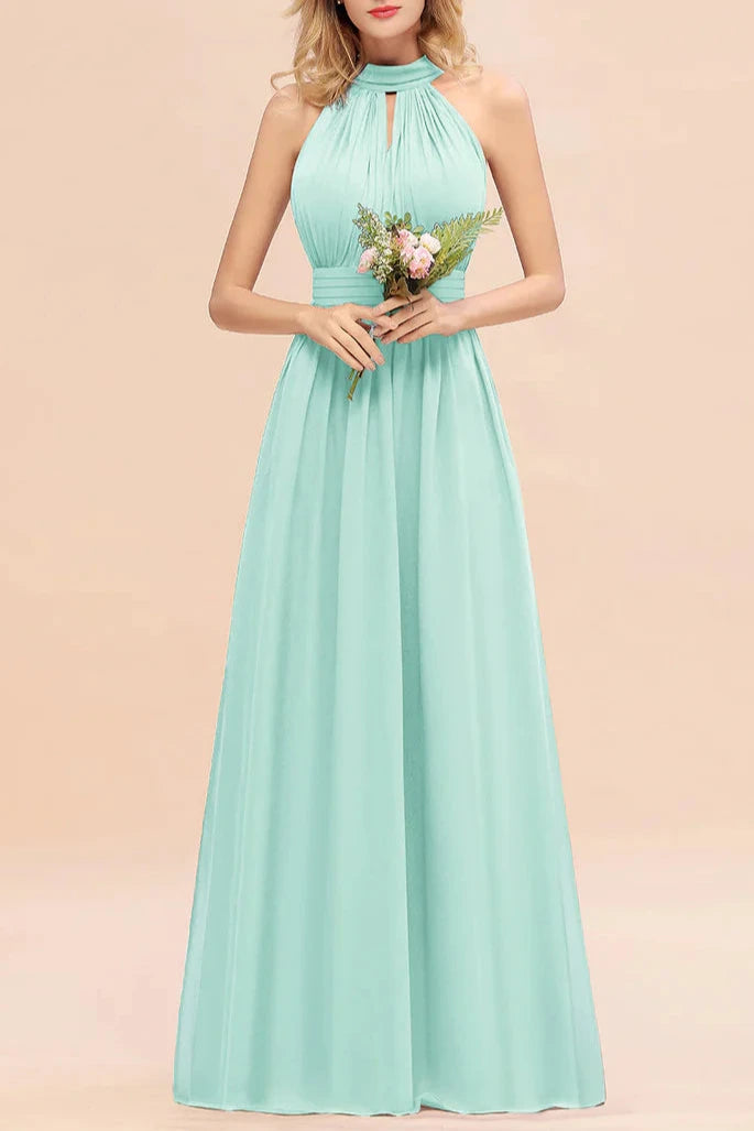 A-line High-Neck Halter Ruffle Chiffon Floor-Length Dress Bridesmaid Dresses