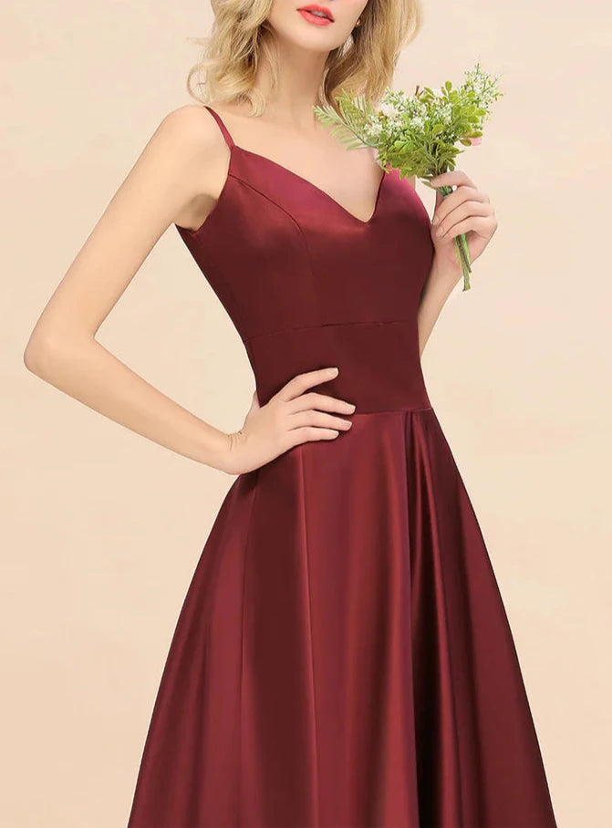 A-Line Spaghetti-Straps Sleeveless Satin Floor-Length Bridesmaid Dresses Wedding Guest Dresses