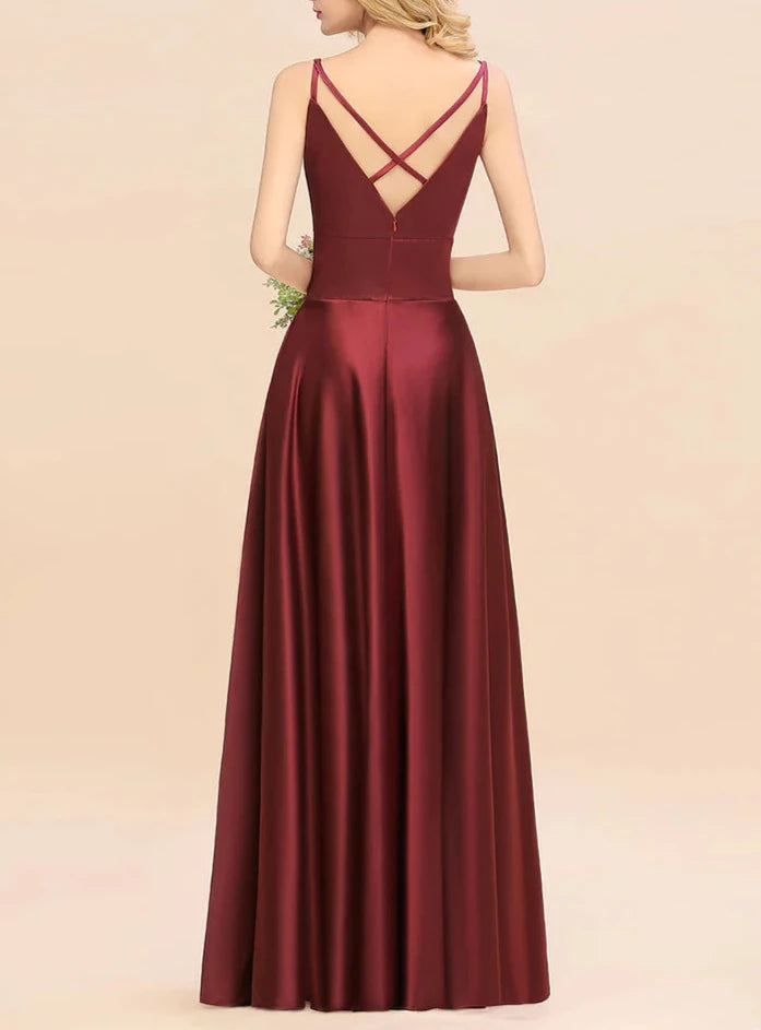 A-Line Spaghetti-Straps Sleeveless Satin Floor-Length Bridesmaid Dresses Wedding Guest Dresses