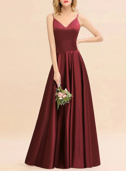 A-Line Spaghetti-Straps Sleeveless Satin Floor-Length Bridesmaid Dresses Wedding Guest Dresses