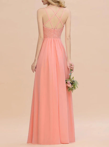 A-Line Spaghetti-Straps Sleeveless Slit Floor-Length Bridesmaid Dresses