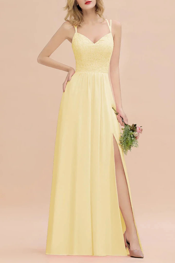 A-Line Spaghetti-Straps Sleeveless Slit Floor-Length Bridesmaid Dresses