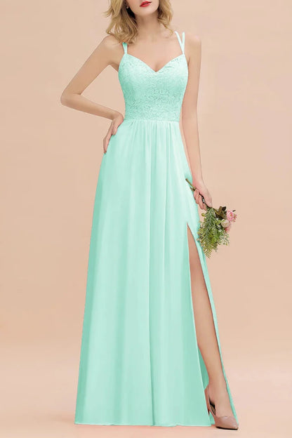 A-Line Spaghetti-Straps Sleeveless Slit Floor-Length Bridesmaid Dresses