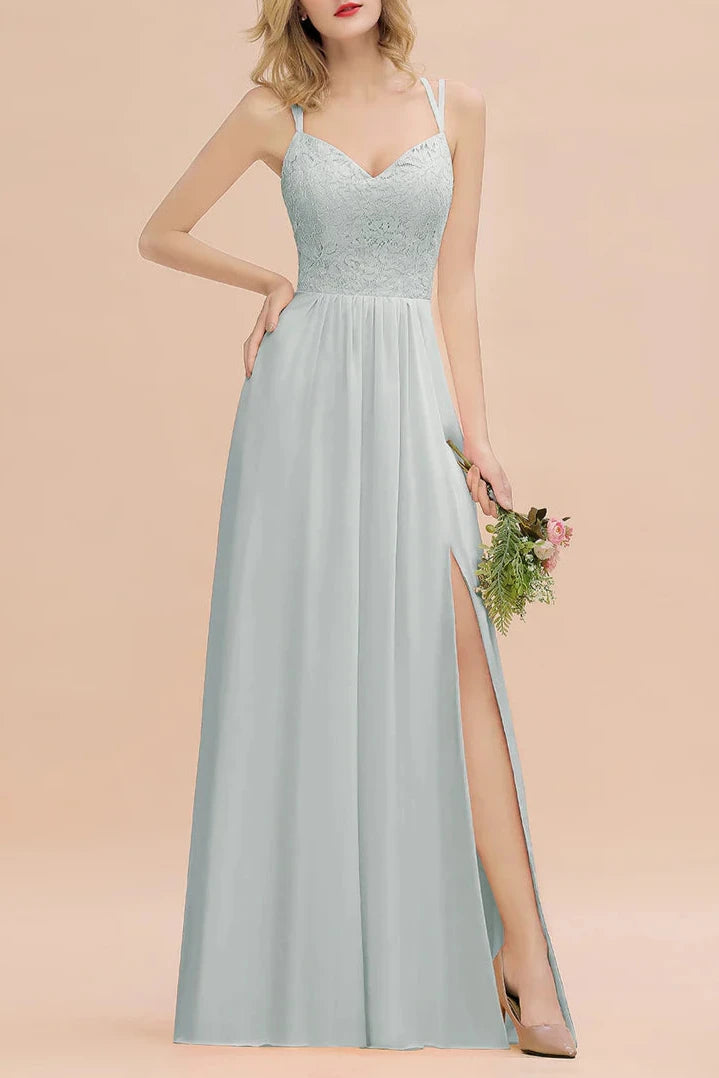 A-Line Spaghetti-Straps Sleeveless Slit Floor-Length Bridesmaid Dresses