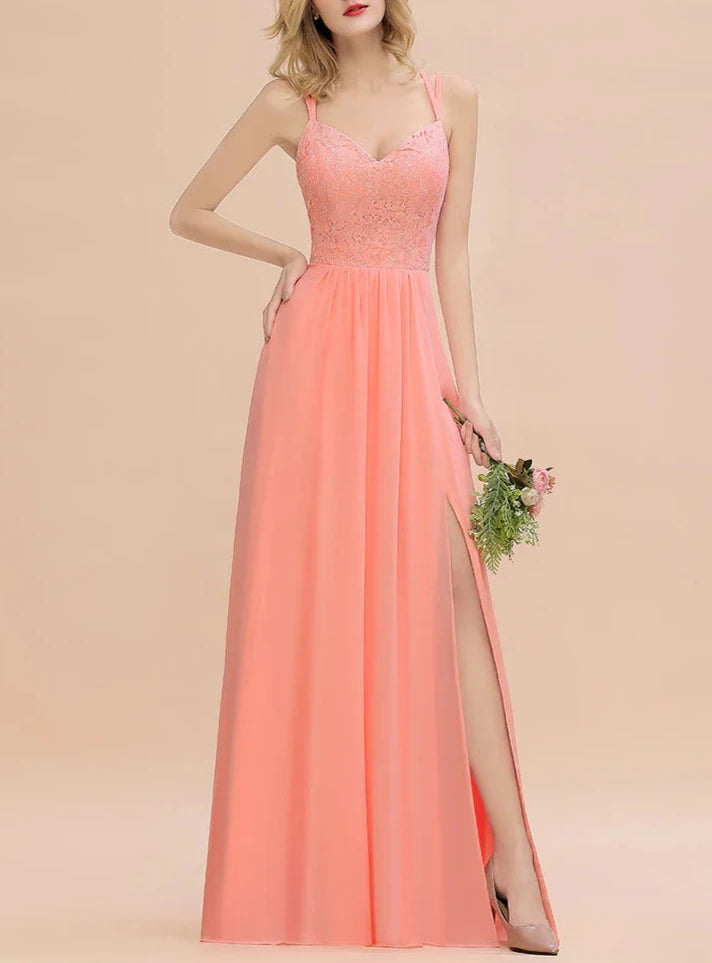 A-Line Spaghetti-Straps Sleeveless Slit Floor-Length Bridesmaid Dresses