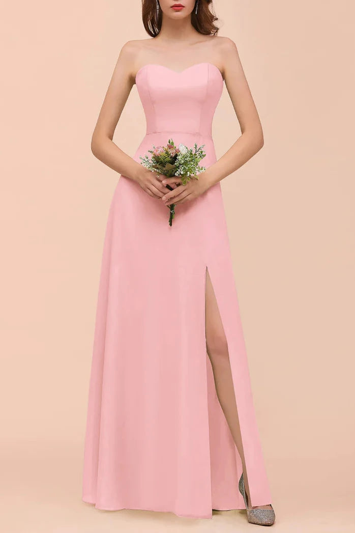 A-Line Sweetheart Strapless Sleeveless Front Slit Wedding Guest Dresses Bridesmaid Dresses