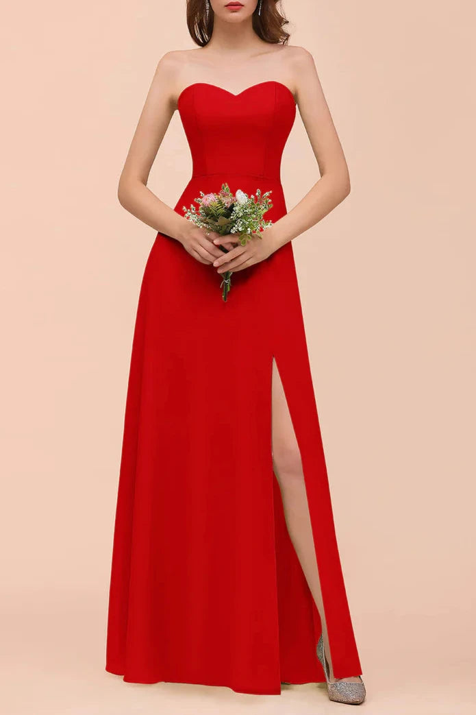 A-Line Sweetheart Strapless Sleeveless Front Slit Wedding Guest Dresses Bridesmaid Dresses