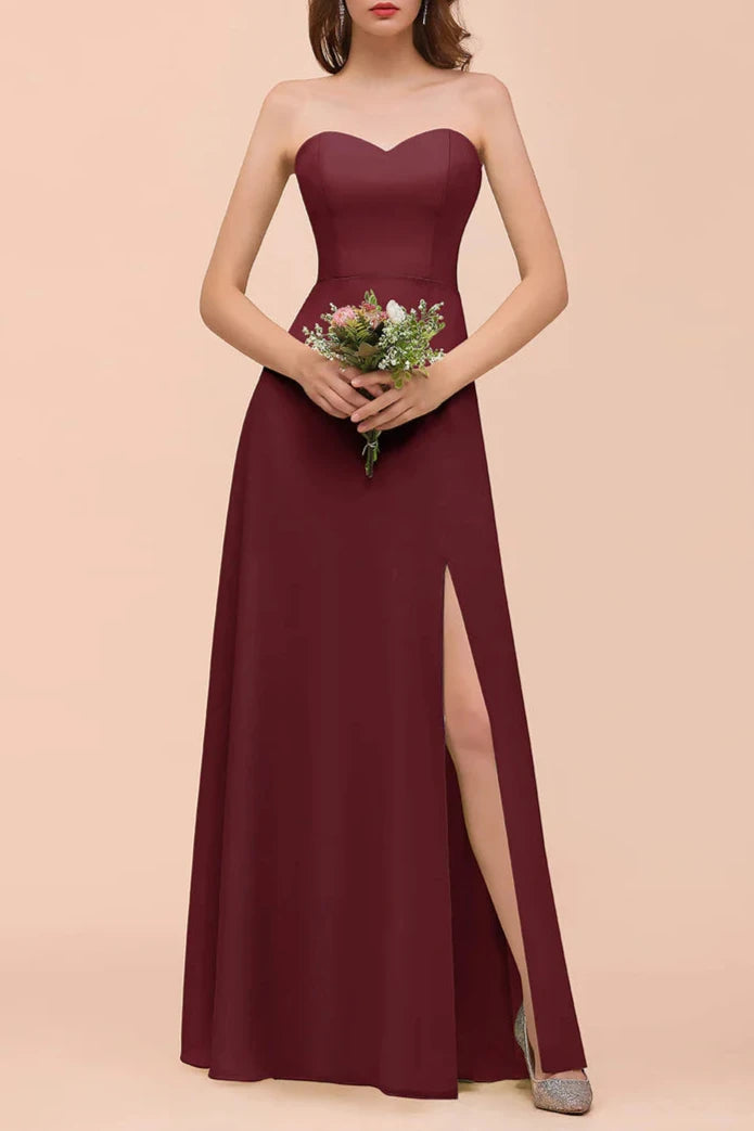 A-Line Sweetheart Strapless Sleeveless Front Slit Wedding Guest Dresses Bridesmaid Dresses