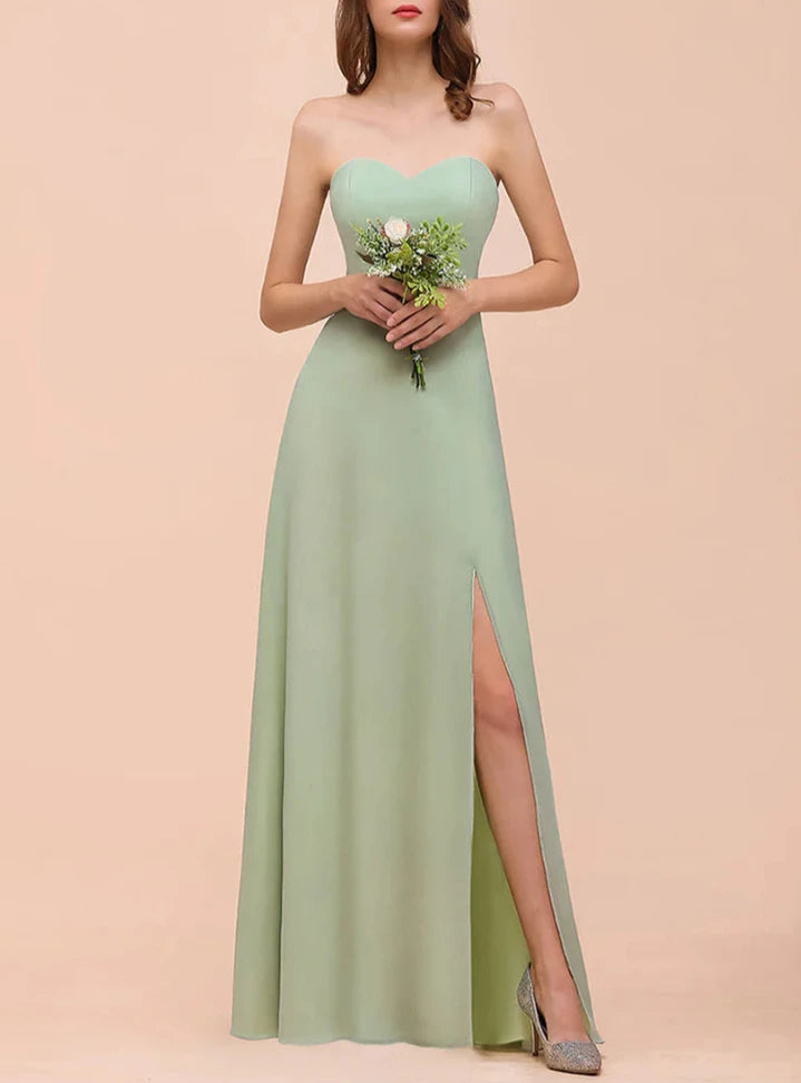 A-Line Sweetheart Strapless Sleeveless Front Slit Wedding Guest Dresses Bridesmaid Dresses