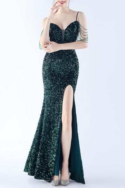 Sequins Mermaid Evening Dress Prom Dresses Long V-Neck With Slit Dress