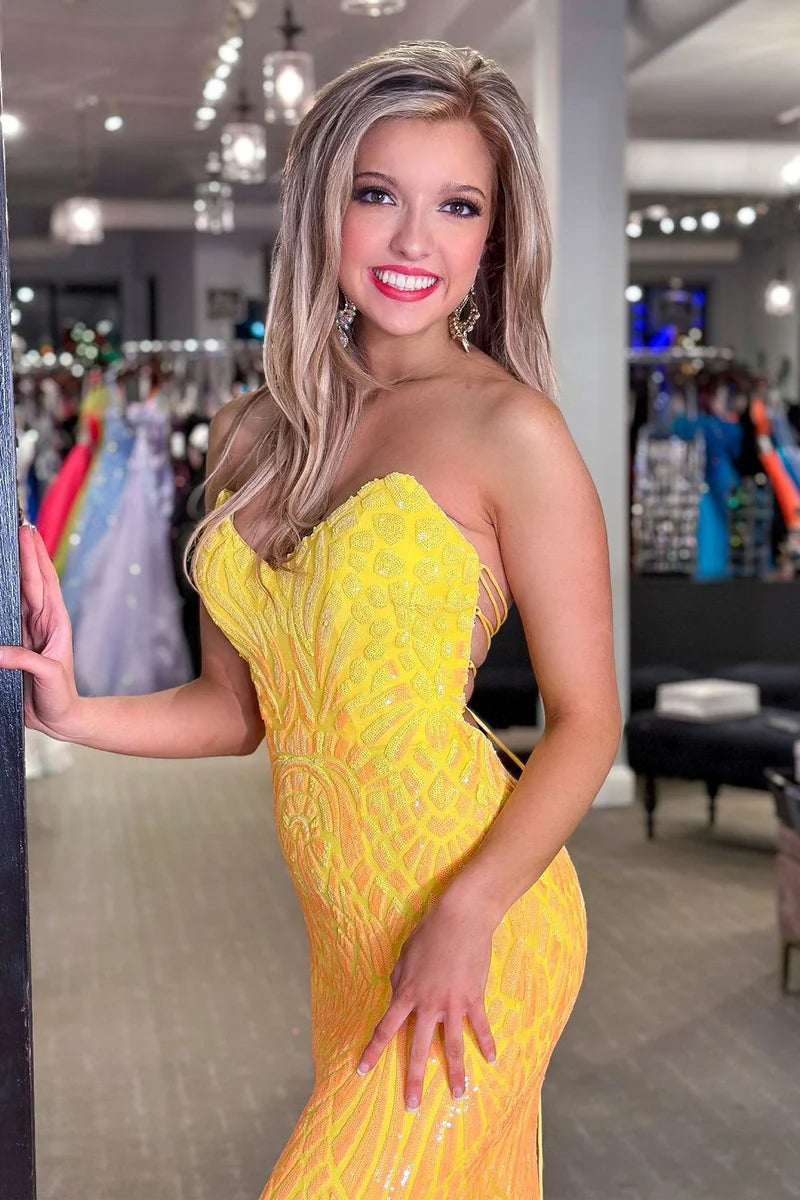 Yellow Strapless Sequins Mermaid Long Prom Dresses