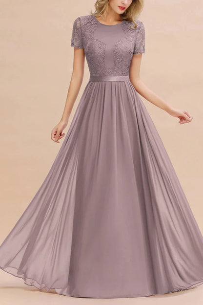 A-line Short Sleeves Jewel Chiffon Floor-Length Dress Bridesmaid Dresses