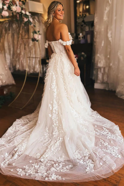 A-Line Off the Shoulder White Tulle Wedding Dresses with Appliques