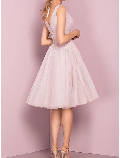 A-Line Cocktail Dresses Flirty Dress Homecoming Graduation Knee Length Sleeveless V Neck Pink Dress Tulle with Pleats