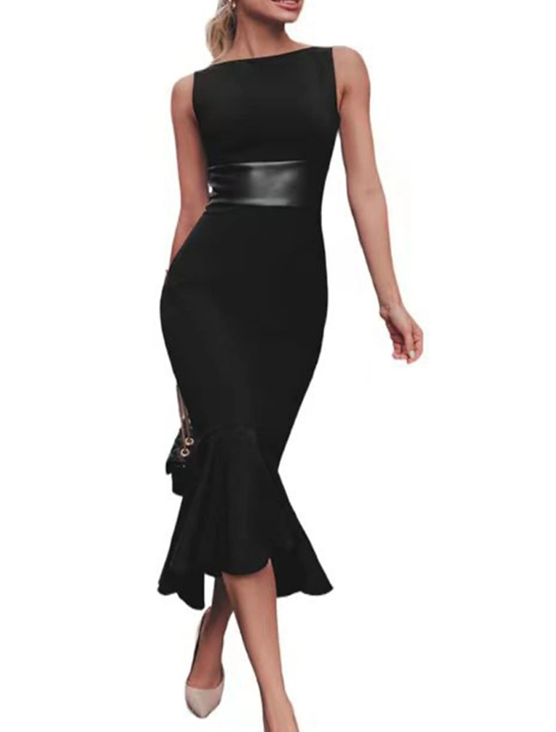 Black Dress Party Dress Cocktail Dress Ruched Crew Neck Sleeveless Midi Dress Birthday Vacation Black Winter