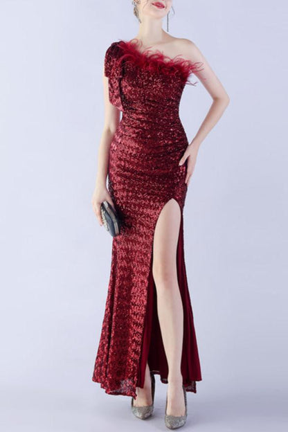 One Shoulder Sequins Evening Dress Slit Long With Feather Glitter Prom Dresses