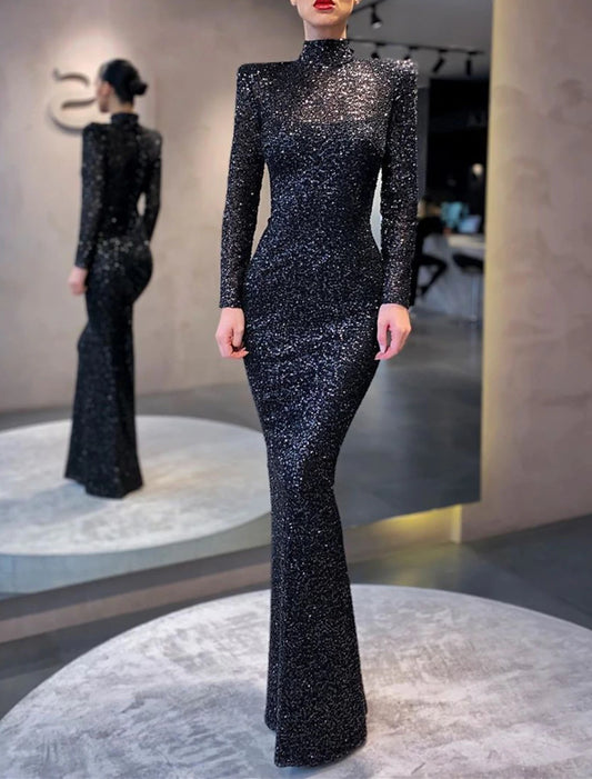 Mermaid / Trumpet Evening Gown Elegant Dress Formal Cocktail Party Floor Length Long Sleeve High Neck Sequined with Sequin