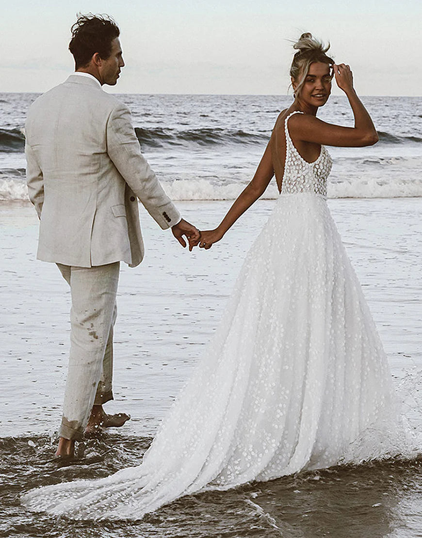 A-Line Boho Wedding Dress with Open Back