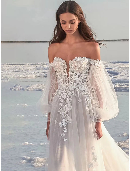 Beach Formal Wedding Dresses A-Line Off Shoulder Long Sleeve Court Train Lace Bridal Gowns With Appliques Summer Fall Wedding Party