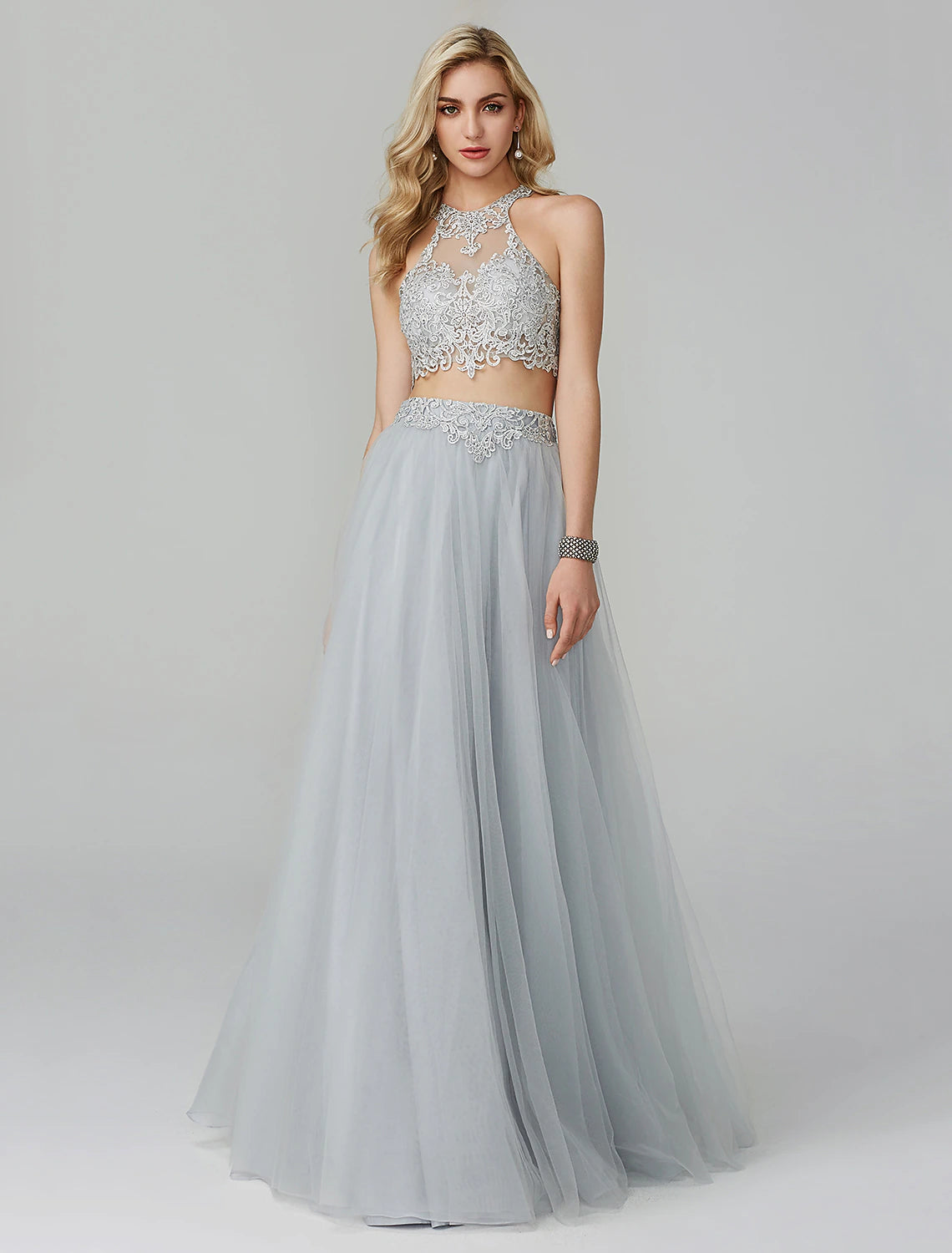 Two Piece Empire Dress Wedding Guest Prom Floor Length Sleeveless Halter Neck Lace with Appliques