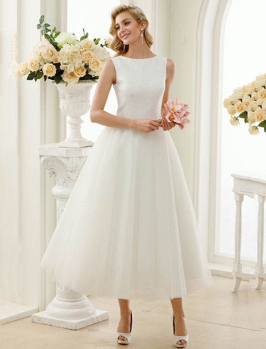 Reception Sparkle & Shine Little White Dresses Wedding Dresses A-Line Scoop Neck Sleeveless Tea Length Tulle Bridal Gowns With Lace Sequin