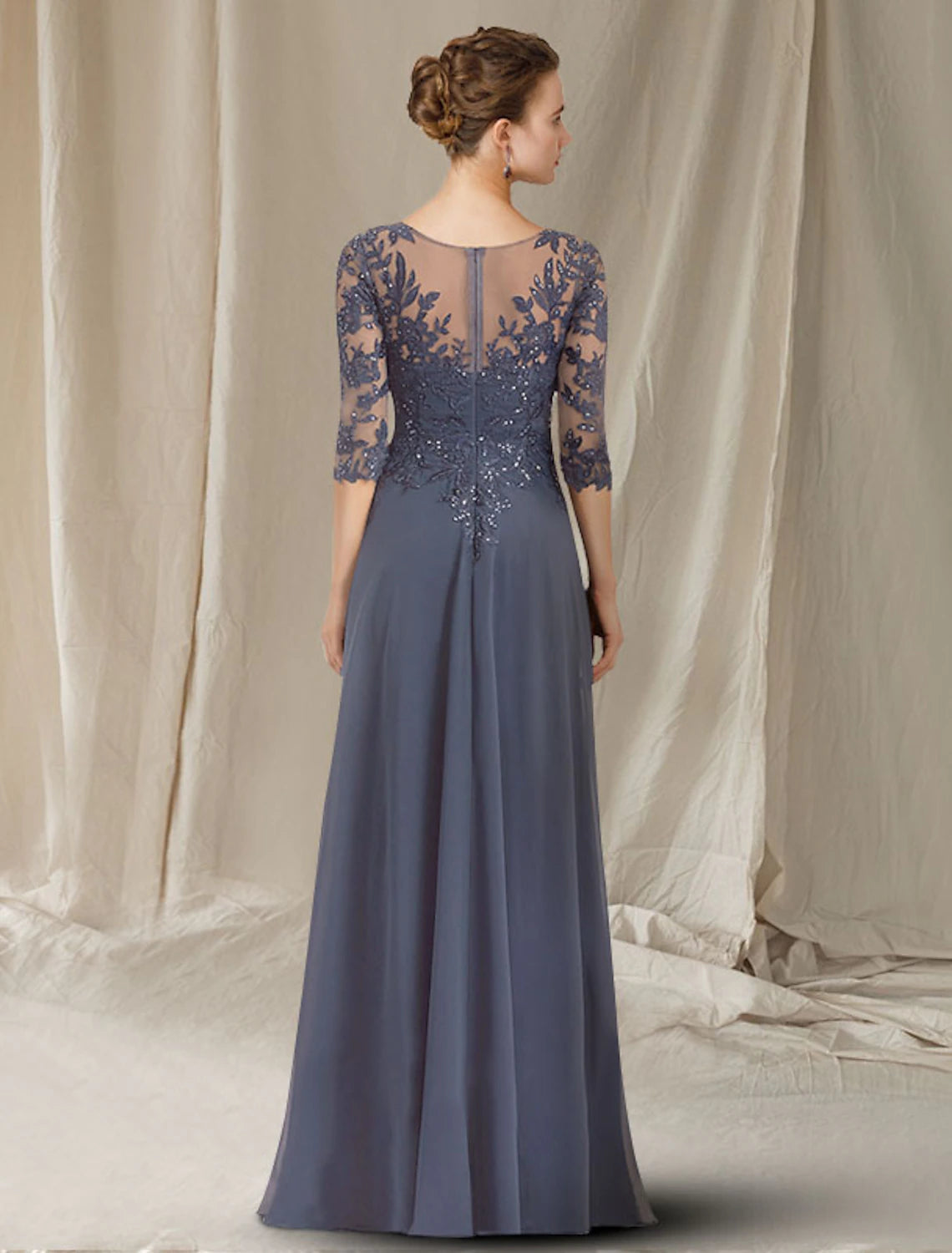 A-Line Mother of the Bride Dress Elegant V Neck Floor Length Chiffon Lace Sequined Half Sleeve with Sequin Appliques