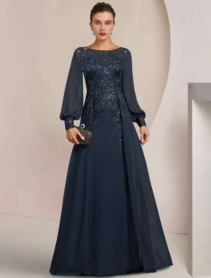 Sheath / Column Mother of the Bride Dress Formal Wedding Guest Elegant Scoop Neck Floor Length Chiffon Lace Long Sleeve with Sequin Appliques