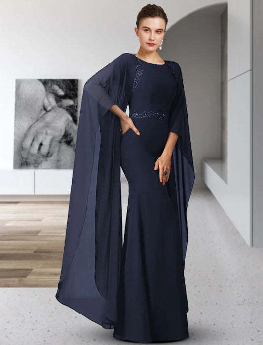 heath / Column Mother of the Bride Dress Elegant Jewel Neck Floor Length Chiffon Long Sleeve with Sash / Ribbon Appliques