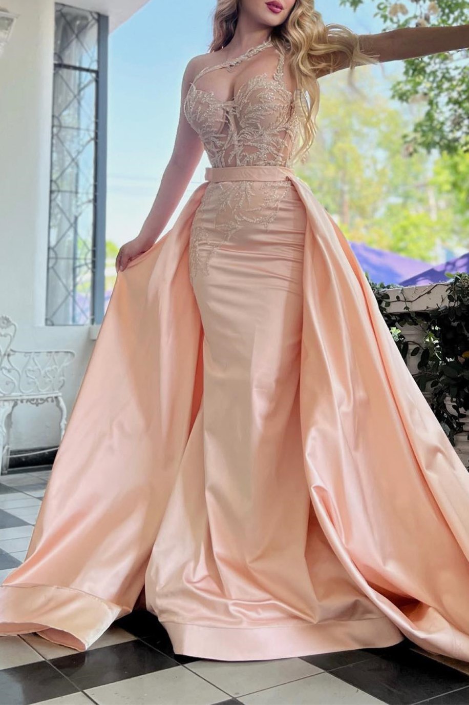 Champagne One Shoulder Sleeveless Mermaid Evening Gown Appliques With Overskirt