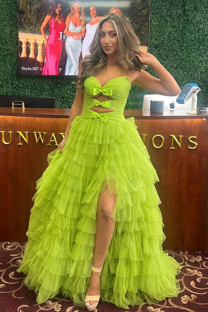 Green Strapless Ruffle Tiered Tulle Long Prom Dresses with Slit