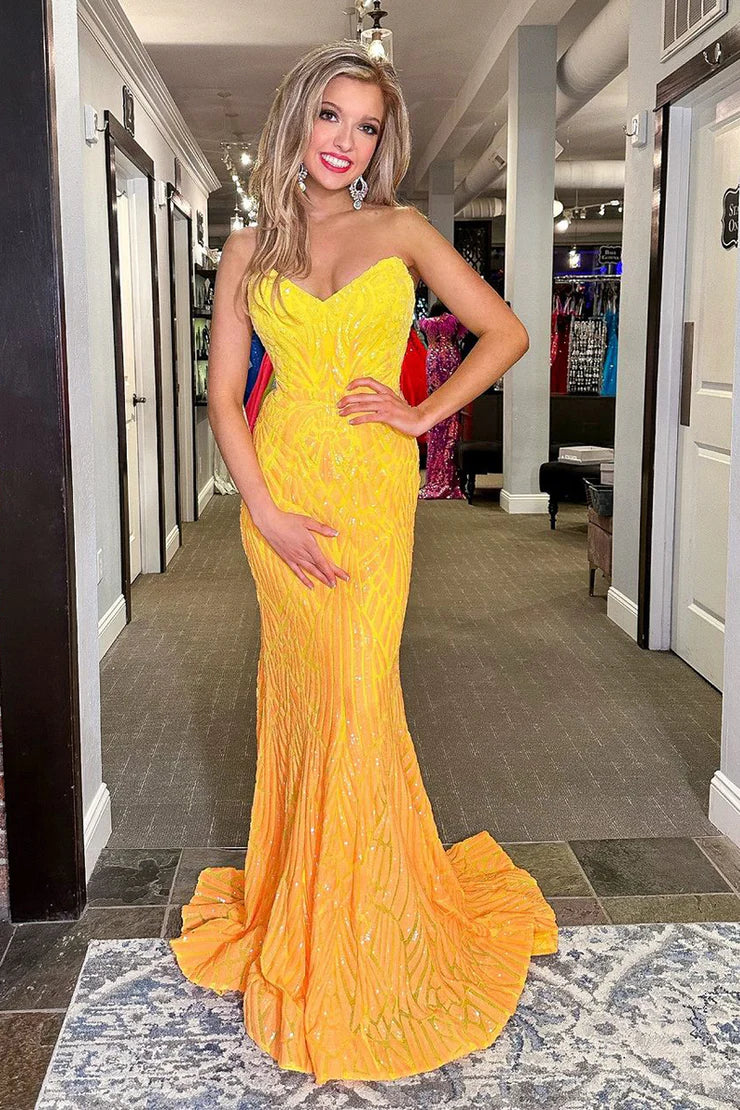 Yellow Strapless Sequins Mermaid Long Prom Dresses