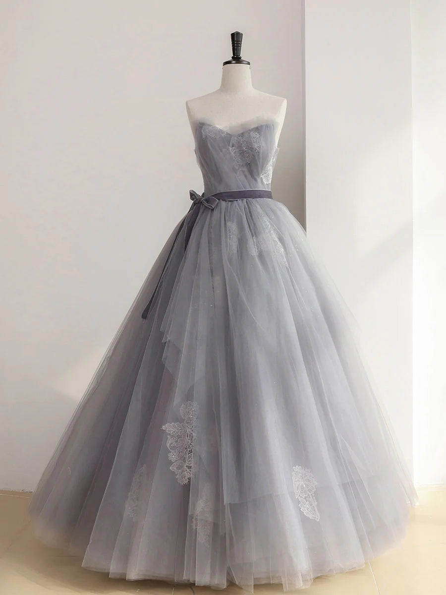 Gray Tulle Lace Sweet 16 Dress Long Prom Dress Ballgown