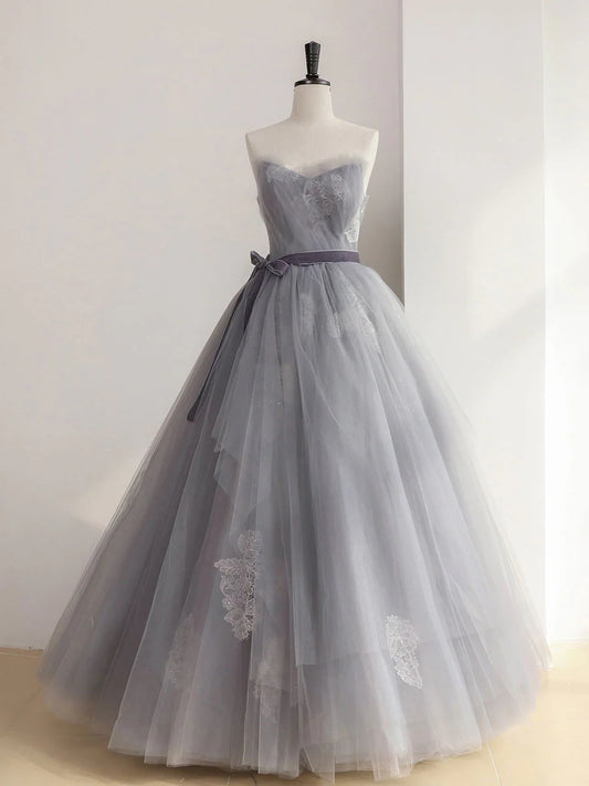 Gray Tulle Lace Sweet 16 Dress Long Prom Dress Ballgown