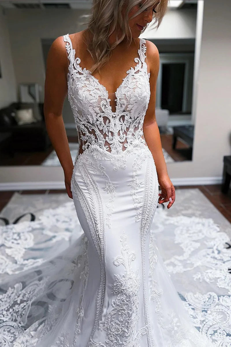 Mermaid V Neck Satin Lace Wedding Dresses