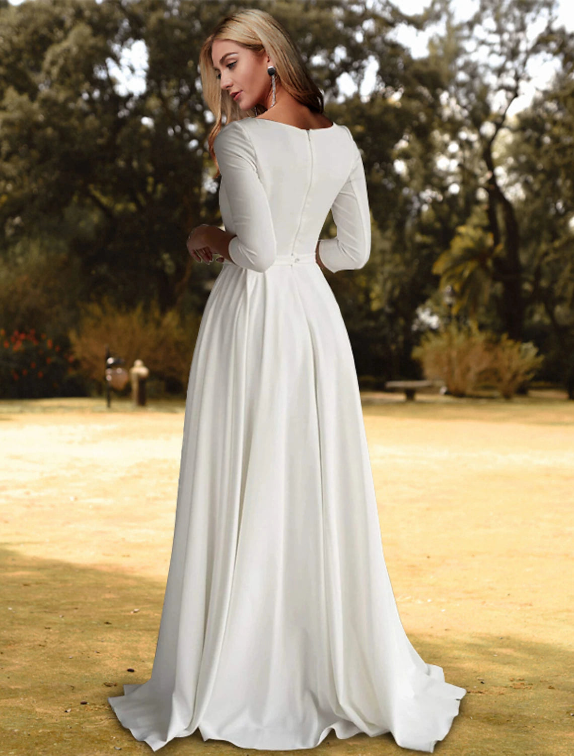 Hall Casual Fall Wedding Dresses A-Line Scoop Neck 3/4 Length Sleeve Sweep / Brush Train Stretch Fabric Bridal Gowns With Pleats Solid Color