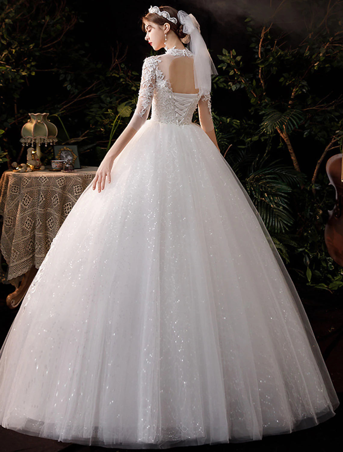 Reception Wedding Dresses Ball Gown High Neck Half Sleeve Floor Length Lace Bridal Gowns With Appliques