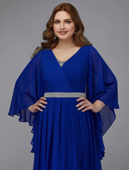 A-Line Plus Size Dress Wedding Guest Formal Evening Floor Length Long Sleeve V Neck Chiffon Lace-up with Crystals Sequin