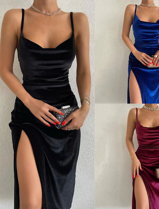 Black Dress Velvet Dress Party Dress Split Sleeveless Midi Dress Vacation Black Wine Spring Winter