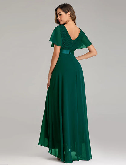 A-Line Prom Dresses Christmas Red Green Dress Fall Wedding Guest Dress For Bridesmaid Floor Length Short Sleeve V Neck Chiffon V Back with Ruched Ruffles
