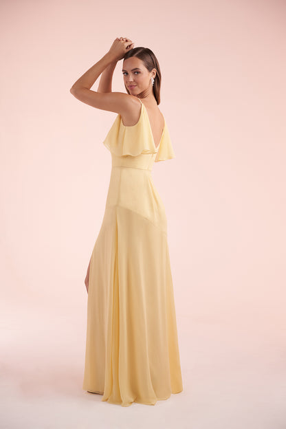 Chiffon A-line pleated neckline asymmetrical and floor length evening gown