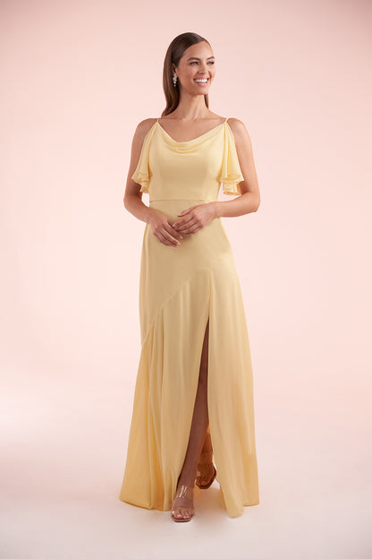 Chiffon A-line pleated neckline asymmetrical and floor length evening gown