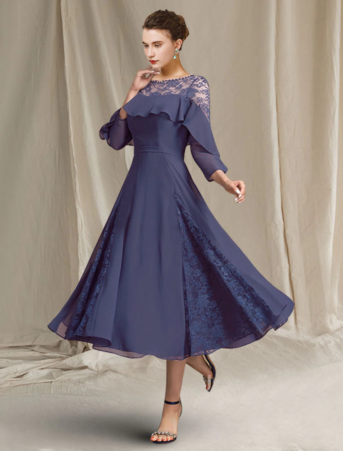 A-Line Mother of the Bride Dress Elegant Jewel Neck Tea Length Chiffon 3/4 Length Sleeve with Pleats Sequin Ruffles