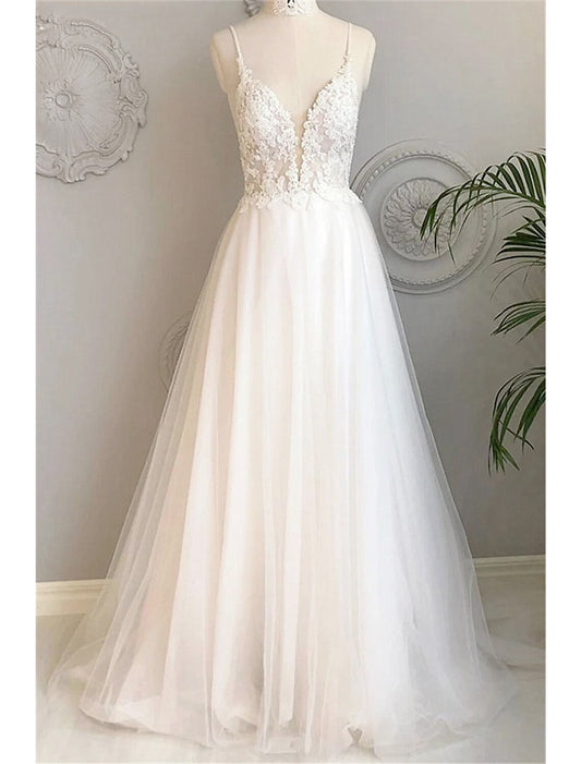 Beach Wedding Dresses A-Line Sweetheart Camisole Spaghetti Strap Court Train Lace Bridal Gowns With Buttons Appliques