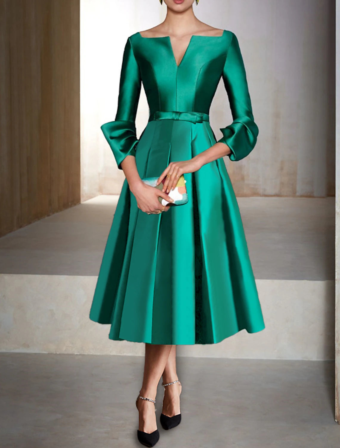 A-Line Cocktail Dress Red Green Dresses Elegant Dress Formal Wedding Guest Tea Length 3/4 Length Sleeve V Neck Satin with Pleats