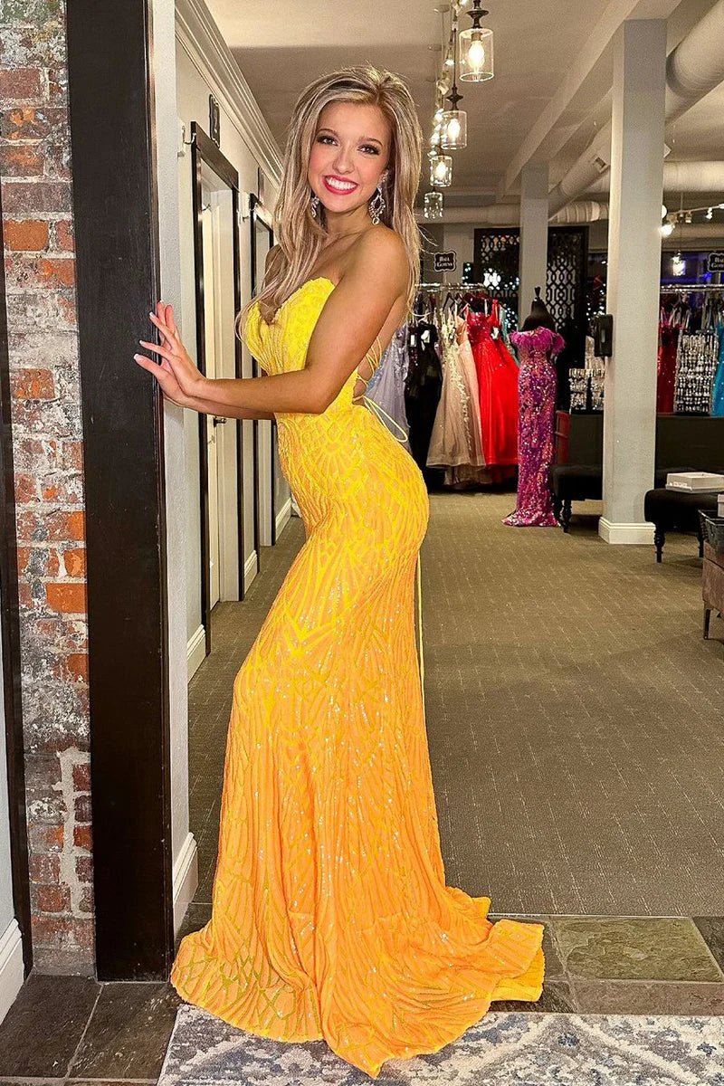 Yellow Strapless Sequins Mermaid Long Prom Dresses