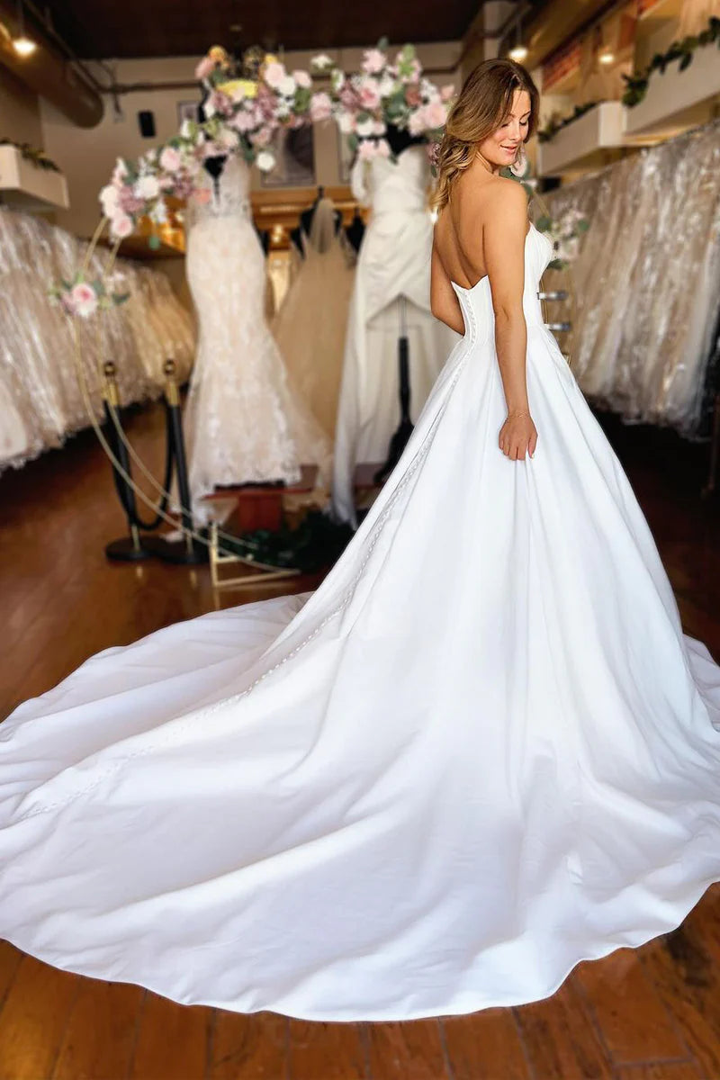 Gorgeous A-Line Strapless White Satin Wedding Dresses with Pockets