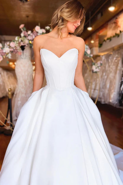 Gorgeous A-Line Strapless White Satin Wedding Dresses with Pockets