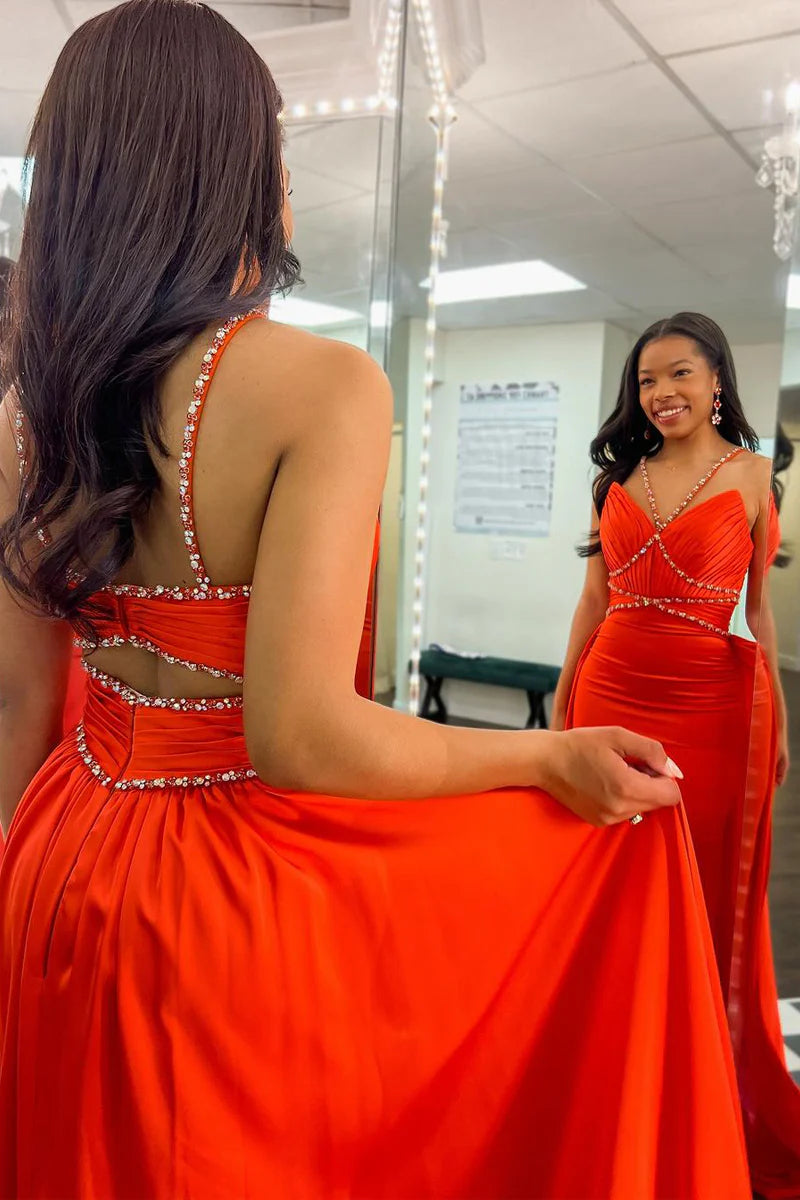 Orange Halter Beaded Long Prom Dresses with Train