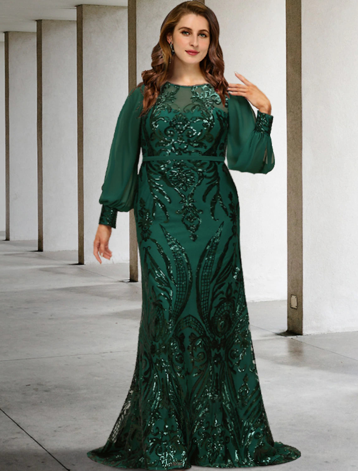 Mermaid / Trumpet Mother of the Bride Dresses Plus Size Hide Belly Curve Elegant Dress Formal Sweep / Brush Train Long Sleeve Jewel Neck Chiffon with Sequin