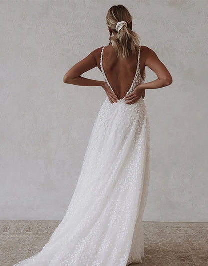 A-Line Boho Wedding Dress with Open Back